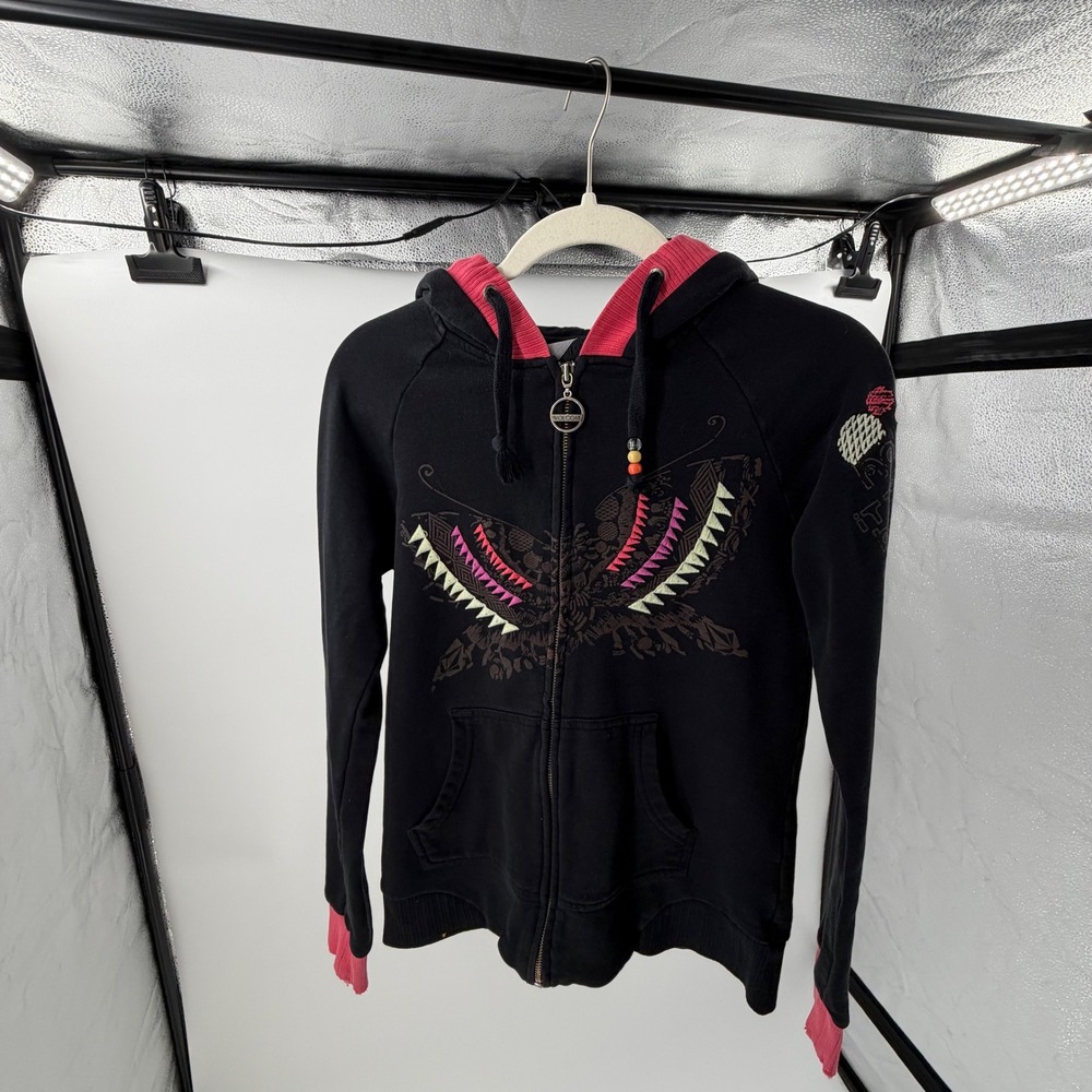 Y2K Volcom Womens Black Pink Graphic Zip Up Hoodie Y2K Butterfly Skate - Picture 3 of 8